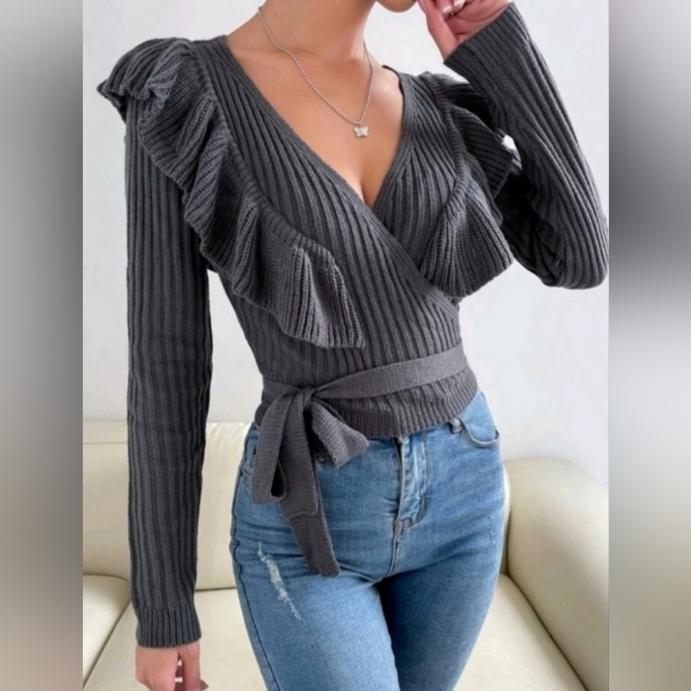 * NEW Luxe Ribbed Knit Wrap Sweater Top Ruffle Deep Gray